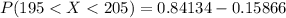 P(195 <  X  <  205 ) =  0.84134  -  0.15866