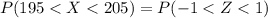 P(195 <  X  <  205 ) =  P(-1< Z