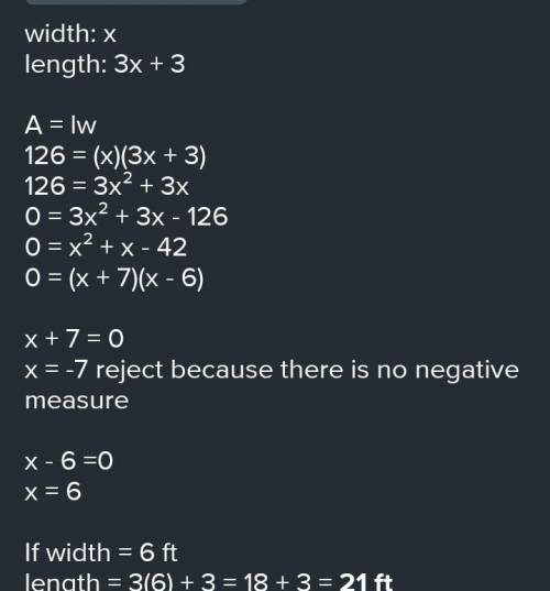 the length of a tarpaulin is 3ft. more than thrice its width and its area is 126 ft². what is the wi