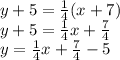 y + 5 =   \frac{1}{4} (x + 7) \\ y + 5 =  \frac{1}{4} x +  \frac{7}{4}  \\ y =  \frac{1}{4} x +  \frac{7}{4}  - 5
