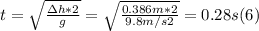 t =\sqrt{\frac{\Delta h*2}{g}} = \sqrt{\frac{0.386m *2}{9.8m/s2} } = 0.28 s (6)