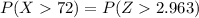 P( X   72) =  P(Z   2.963 )