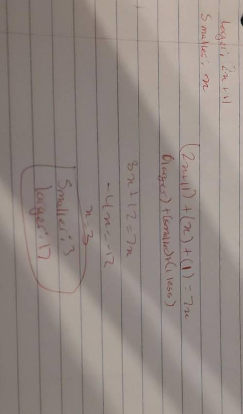 the larger of two numbers js 11 more than twice the smaller number. the sum of the number is 1 less