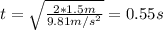 t = \sqrt{\frac{2*1.5 m}{9.81 m/s^{2}}} = 0.55 s