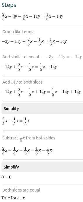 What is equivalent to 2/5x - 3y - 1/5x -11y​