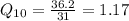 Q_{10}= \frac{36.2}{31}=1.17 