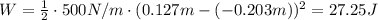 W= \frac{1}{2} \cdot 500 N/m \cdot (0.127m-(-0.203m))^2=27.25 J