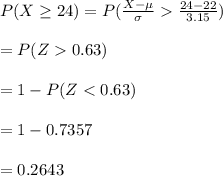 P(X\geq 24)=P(\frac{X-\mu}{\sigma}\frac{24-22}{3.15})\\\\=P(Z0.63)\\\\=1-P(Z