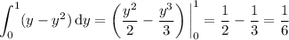 \displaystyle\int_0^1(y-y^2)\,\mathrm dy=\left(\frac{y^2}2-\frac{y^3}3\right)\bigg|_0^1=\frac12-\frac13=\frac16
