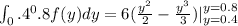 \int_0.4^0.8 f(y) dy = 6(\frac{y^2}{2} - \frac{y^3}{3})|_{y = 0.4}^{y = 0.8}
