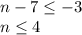 n - 7 \leq -3\\n \leq 4