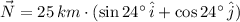 \vec N = 25\,km\cdot (\sin 24^{\circ}\,\hat{i}+\cos 24^{\circ}\,\hat{j})