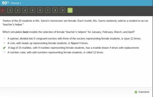 Twelve of the 20 students in ms. sarno’s homeroom are female. each month, ms. sarno randomly selects