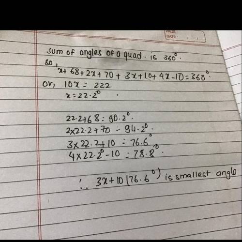 How would i solve this?

You have a quadrilateral and there is 4 angles which one is the smallest
x+