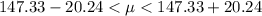 147.33 -20.24<  \mu <  147.33 + 20.24