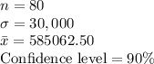 n=80\\\sigma=30,000\\\bar x=585062.50\\\text{Confidence level} = 90\%