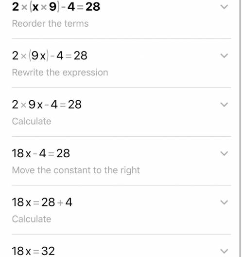 Solve and justify your steps: 2(x+9)-4=28 
Hel pleas I neeed to write the whole process