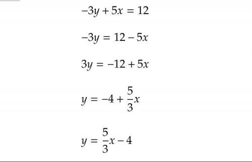 Write the equation in slope-intercept form : -3y+5x=12