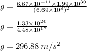g = \frac{6.67 \times 10^{-11} \times 1.99 \times 10^{30}}{(6.69 \times 10^8)^2} \\\\g= \frac{1.33 \times 10^{20} }{4.48 \times 10^{17}} \\\\g=296.88 \;m/s^2