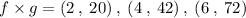 f \times g = (2 \: , \: 20) \: , \: (4 \: , \: 42) \: , \: (6 \: , \: 72) \\