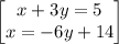 \begin{bmatrix}x+3y=5\\ x=-6y+14\end{bmatrix}