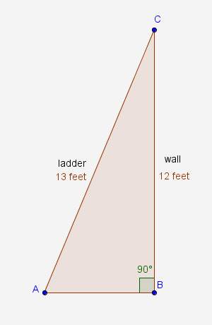 According to the diagram, a 13-foot ladder leans against a 12-foot wall. the distance from the base