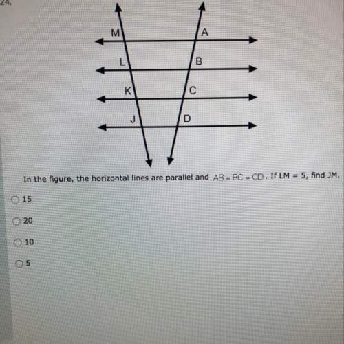 In the figure the horizontal lines are parallel and ab=bc=cd if lm =5 find jm