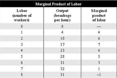 According to the graph of marginal product of labor for a company that makes beanbags, which of the