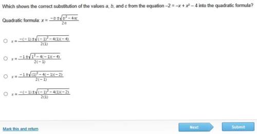 Which shows the correct substitution of the values a, b, and c from the equation –2 = –x + x2 – 4 in