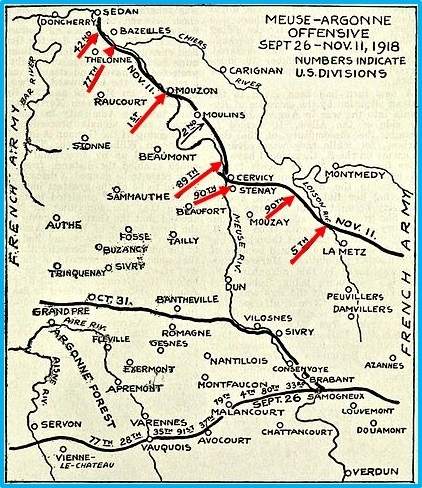 This map shows the battle lines of the meuse - argonne offensive during world war i in 1918. the num