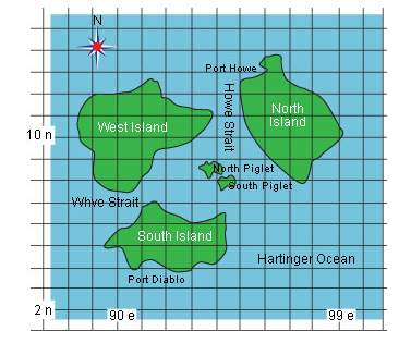 In this fictional map,which elements suggest relative location?  a. west island b. whye