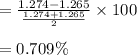 = \frac{1.274 -1.265}{\frac{1.274+1.265}{2}} \times 100\\\\=0.709 \%