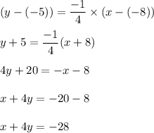 (y-(-5))=\dfrac{-1}{4}\times (x-(-8))\\\\y+5=\dfrac{-1}{4}(x+8)\\\\4y+20=-x-8\\\\x+4y=-20-8\\\\x+4y=-28