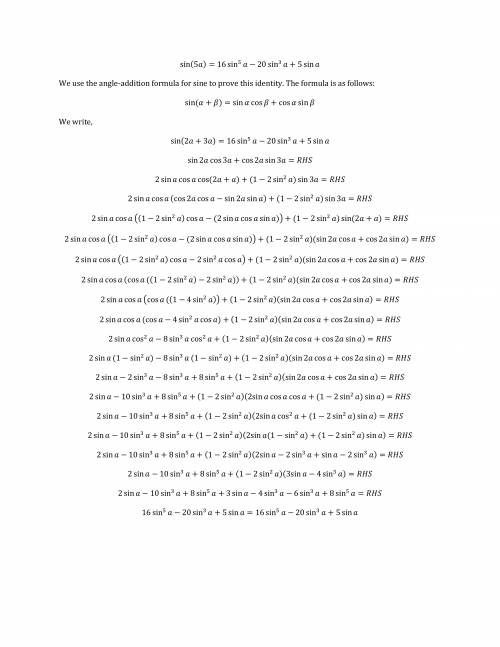 Easy 30 point for brainliest.prove thatsin 5a = 16 sin ^5 a - 20 sin ^3 a + 5 sin a