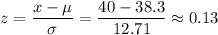 \displaystyle z = \frac{x - \mu}{\sigma} = \frac{40 - 38.3}{12.71} \approx 0.13