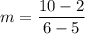 \displaystyle m=\frac{10-2}{6-5}