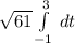 \sqrt{61} \int\limits^3_ {-1} \, dt