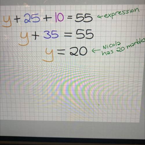 Nicola has y marbles Sean has 25 marbles Vicky has 10 marbles a) write an expression for the total n