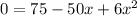 0=75-50x+6x^2