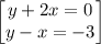 \begin{bmatrix}y+2x=0\\ y-x=-3\end{bmatrix}