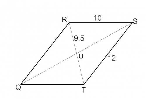 The diagonals of parallelogram qrst, tr and qs, intersect at point u. if rs = 10, st = 12, and ru = 