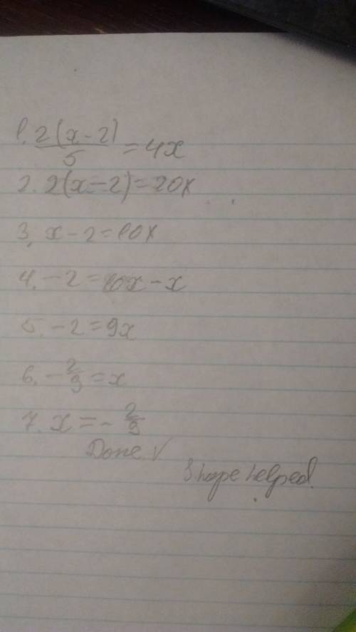 Solve for x:  2 over 5 (x − 2) = 4x.