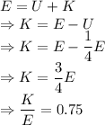 E=U+K\\\Rightarrow K=E-U\\\Rightarrow K=E-\dfrac{1}{4}E\\\Rightarrow K=\dfrac{3}{4}E\\\Rightarrow \dfrac{K}{E}=0.75