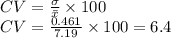CV = \frac{\sigma}{\bar{x}} \times 100\\CV = \frac{0.461}{7.19} \times 100=6.4
