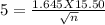 5 = \frac{1.645 X15.50 }{\sqrt{n} }