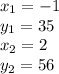 x_1=-1 \\y_1=35 \\x_2=2 \\y_2=56