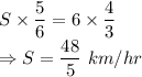 S \times \dfrac{5}{6} = 6 \times \dfrac{4}{3}\\\Rightarrow S =\dfrac{48}{5}\ km/hr