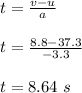 t = \frac{v-u}{a}\\\\t = \frac{8.8-37.3}{-3.3}\\\\t = 8.64 \ s