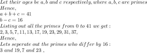 Let\ their\ ages\ be\ a,b\ and\ c\ respectively, where\ a,b,c\ are\ primes\\Hence,\\a+b+c=41\\b-c=16\\Listing\ out\ all\ the\ primes\ from\ 0\ to\ 41\ we\ get:\\2,3,5,7,11,13,17,19,23,29,31,37,\\Hence,\\Lets\ seperate\ out\ the\ primes\ who\ differ\ by\ 16 :\\3\ and\ 19, 7\ and\ 23\ ,