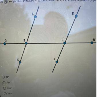 Line AE and line DF are parallel. If m∠ABG = 12x and m∠HCF = 11x + 9, what is m∠HCF?

points B and C